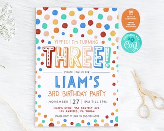 3rd Birthday Invitation | Yippee I'm Three Editable Party Template, Watercolor Invite For 3 Year, Kid Party Invitation, Colourful Confetti