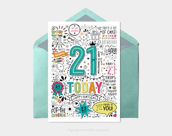 Printable 21st Birthday Card | Instant Download Printable Card For 21st Birthday, Digital Download, Doodle Style Printable Birthday Card