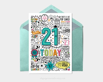 Printable 21st Birthday Card | Instant Download Printable Card For 21st Birthday, Digital Download, Doodle Style Printable Birthday Card