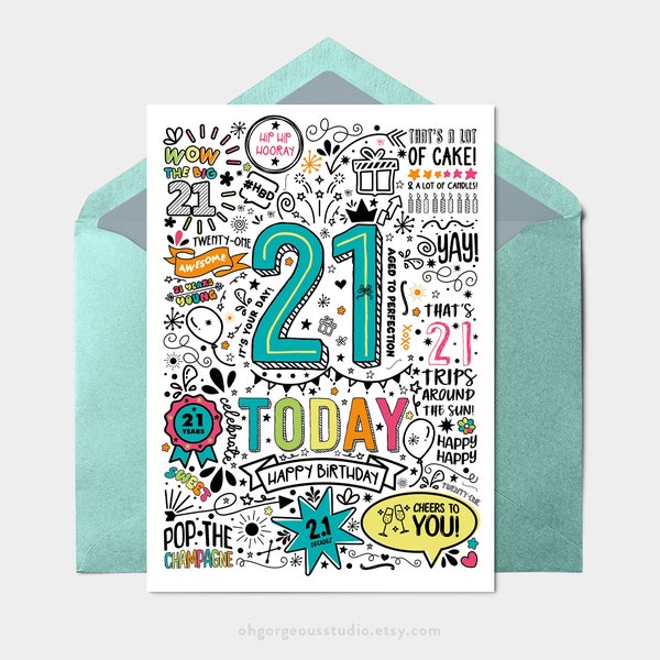 Printable 21st Birthday Card | Instant Download Printable Card For 21st Birthday, Digital Download, Doodle Style Printable Birthday Card