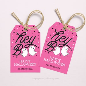 Hey Boo Halloween Geschenkanhänger | Rosa Tags mit niedlichen Geistern, die sich perfekt für Halloween-Leckereien Geschenke und Gefälligkeiten eignen