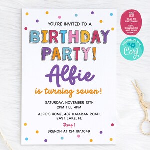 Colorful Birthday Party Invitation: Any Age, Boy or Girl (Digital Download)