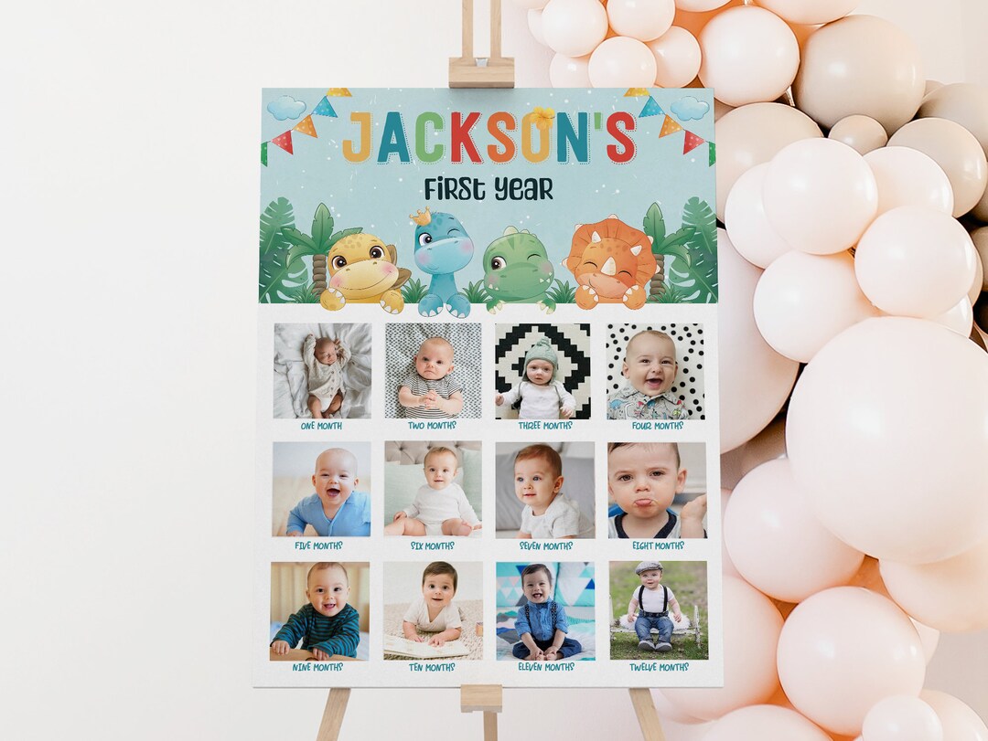 Dinosaur First Birthday Photo Poster: Editable Milestone Sign (digital ...