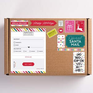 Moderne speciale bezorging kerstman Officiële postzegels en postzegels | Afdrukbaar stickervel speciale bezorging noordpool, direct download
