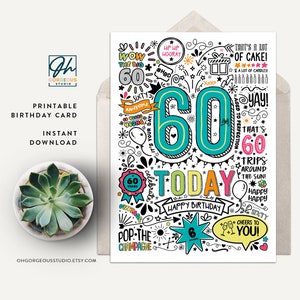 60th Printable Birthday Card | 60 Today Birthday Downloadable Card ...