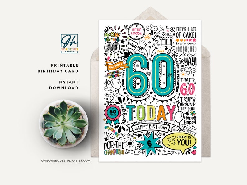60th Printable Birthday Card 60 Today Birthday Downloadable Card ...