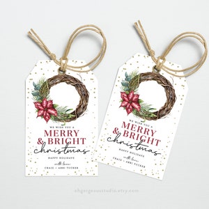Kerst afdrukbare cadeaukaartjes | Vrolijk en helder vakantieplaatje, kerstkrans naamplaatje, bewerkbare feestelijke hangtags, kerstcadeaulabels
