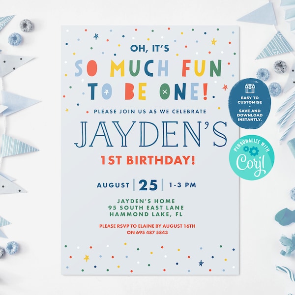 So Much Fun To Be One Birthday Invitation | 1st Birthday Party Invite, Invite For Boys First Birthday, Editable Custom Invite Template