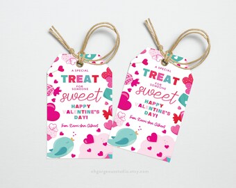 May include: Two Valentine's Day gift tags with a white background and a pink, red, and blue pattern of hearts, candy, and birds. The text on the tags reads "A Special Treat For Someone Sweet Happy Valentine's Day!" with a space for a name.