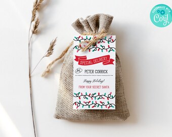 May include: A white gift tag with a red ribbon and the words "Special Delivery" for Peter Corrick. The tag is decorated with a string of colorful Christmas lights and the message "Happy Holidays! From your Secret Santa."