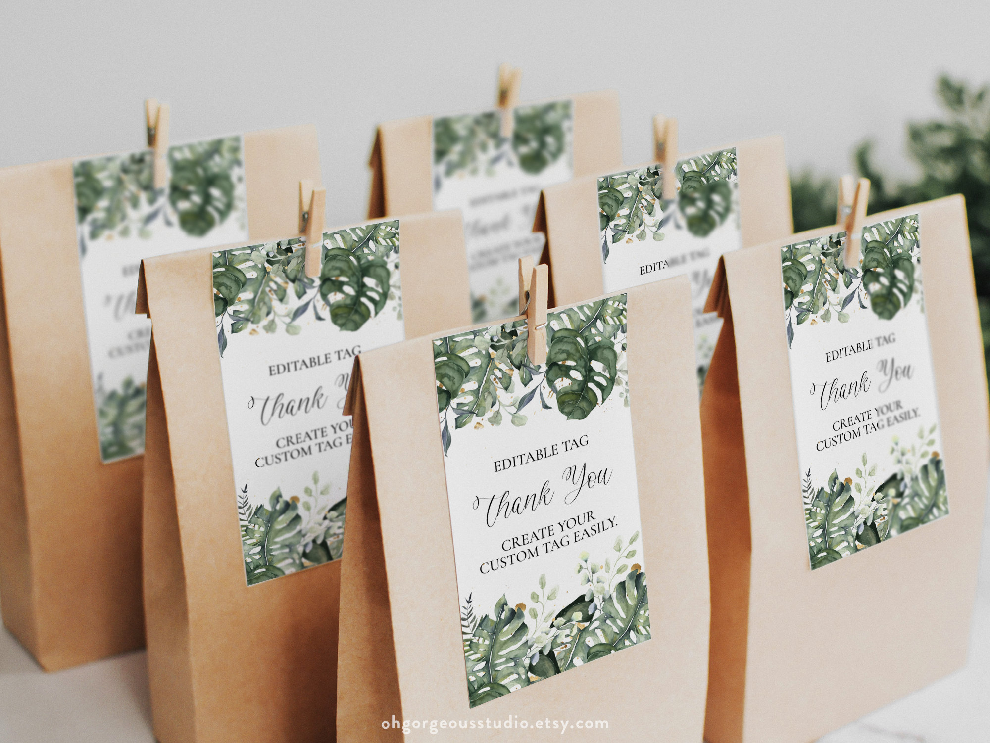 Monstera Leaf Thank You Tag: Editable Greenery Favor Label (2x3.5