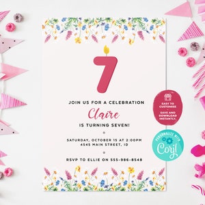 7th Birthday Party Invitation | Editable Printable Flower Birthday Invitation, 7th Birthday Invite, 7 Years Old Floral Birthday Invite