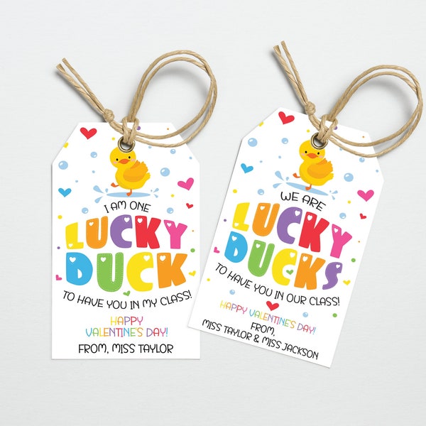 Printable Lucky Duck Valentine's Day Teachers Tag | Printable Classroom Valentine School Teacher, Rubber Duck For Student, Editable Gift Tag