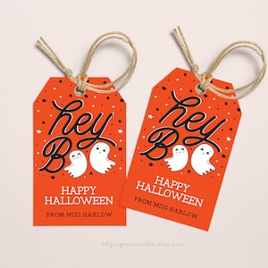 Hey Boo Halloween Geschenkanhänger | Orange Tags mit niedlichen Geistern, perfekt für Halloween-Leckereien Geschenke und Gefälligkeiten