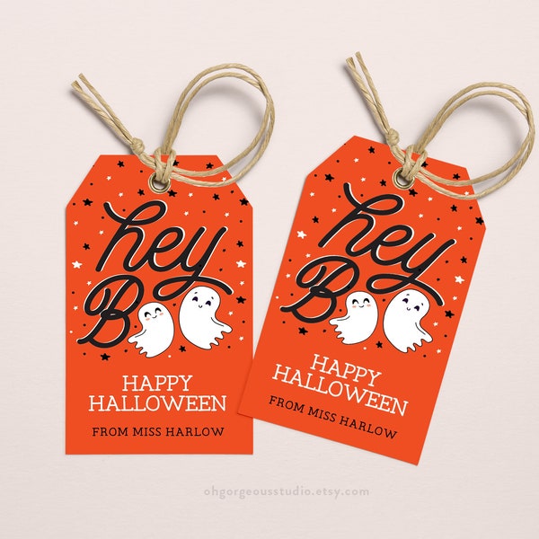 Hey Boo Halloween Geschenkanhänger | Orange Tags mit niedlichen Geistern, perfekt für Halloween-Leckereien Geschenke und Gefälligkeiten