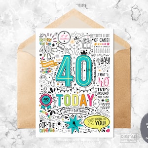 40th Printable Birthday Card | 40 Today Birthday Downloadable Card, Doodle Style Birthday Card, Happy Birthday To You, Instant Download