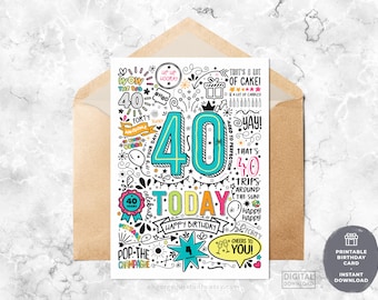 40th Printable Birthday Card | 40 Today Birthday Downloadable Card, Doodle Style Birthday Card, Happy Birthday To You, Instant Download