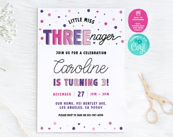 Invitación de cumpleaños para la pequeña Miss Tres (Editable en Corjl)