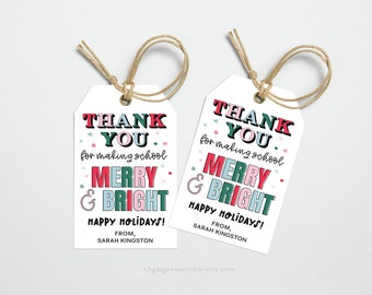 Merry and Bright School Year | Printable Christmas Gift Tag, Class Gift Label, Editable Holiday Tag for Friends, Merry Christmas Hang Tag