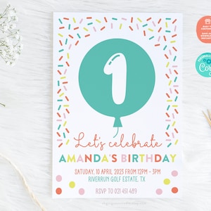 Printable 1st Birthday Invitation | Confetti Balloon Party Invite, Editable Invitation Template, 1 Year Balloon Invite, Digital Download
