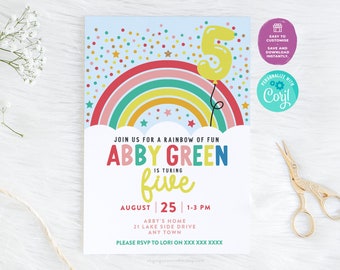 5th Birthday Invitation | Colorful Rainbow Editable Invitation Rainbow of Fun Party Invite For Girls Printable Birthday Party Invitation DIY