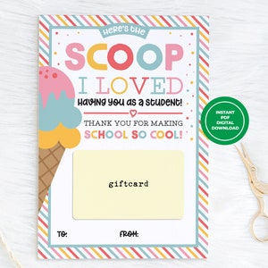 Titolare della carta regalo stampabile di fine anno, titolare della carta regalo gelato, idee regalo per gli studenti Download dell'ultimo giorno di scuola per le vacanze estive