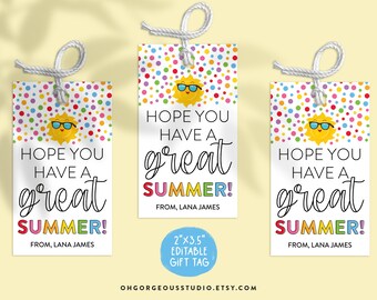 May include: Three colorful gift tags with a sun design and the text "Hope you have a great summer!"  The tags are 2 inches by 3.5 inches and are editable.  The text "From, Lana James" is at the bottom of each tag.