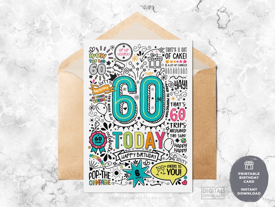 60th Printable Birthday Card | 60 Today Birthday Downloadable Card ...