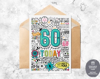 60th Printable Birthday Card | 60 Today Birthday Downloadable Card, Doodle Style Birthday Card, Happy Birthday To You, Instant Download