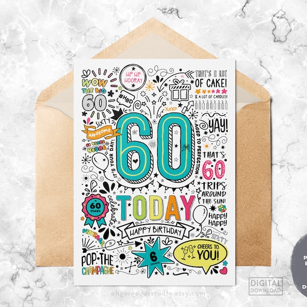 60th Printable Birthday Card | 60 Today Birthday Downloadable Card, Doodle Style Birthday Card, Happy Birthday To You, Instant Download