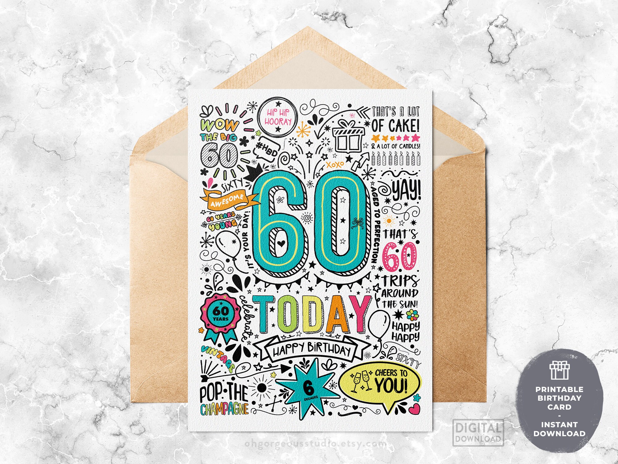 60th Printable Birthday Card 60 Today Birthday Downloadable Card, Doodle Style Birthday Card, Happy Birthday to You, Instant Download - Etsy