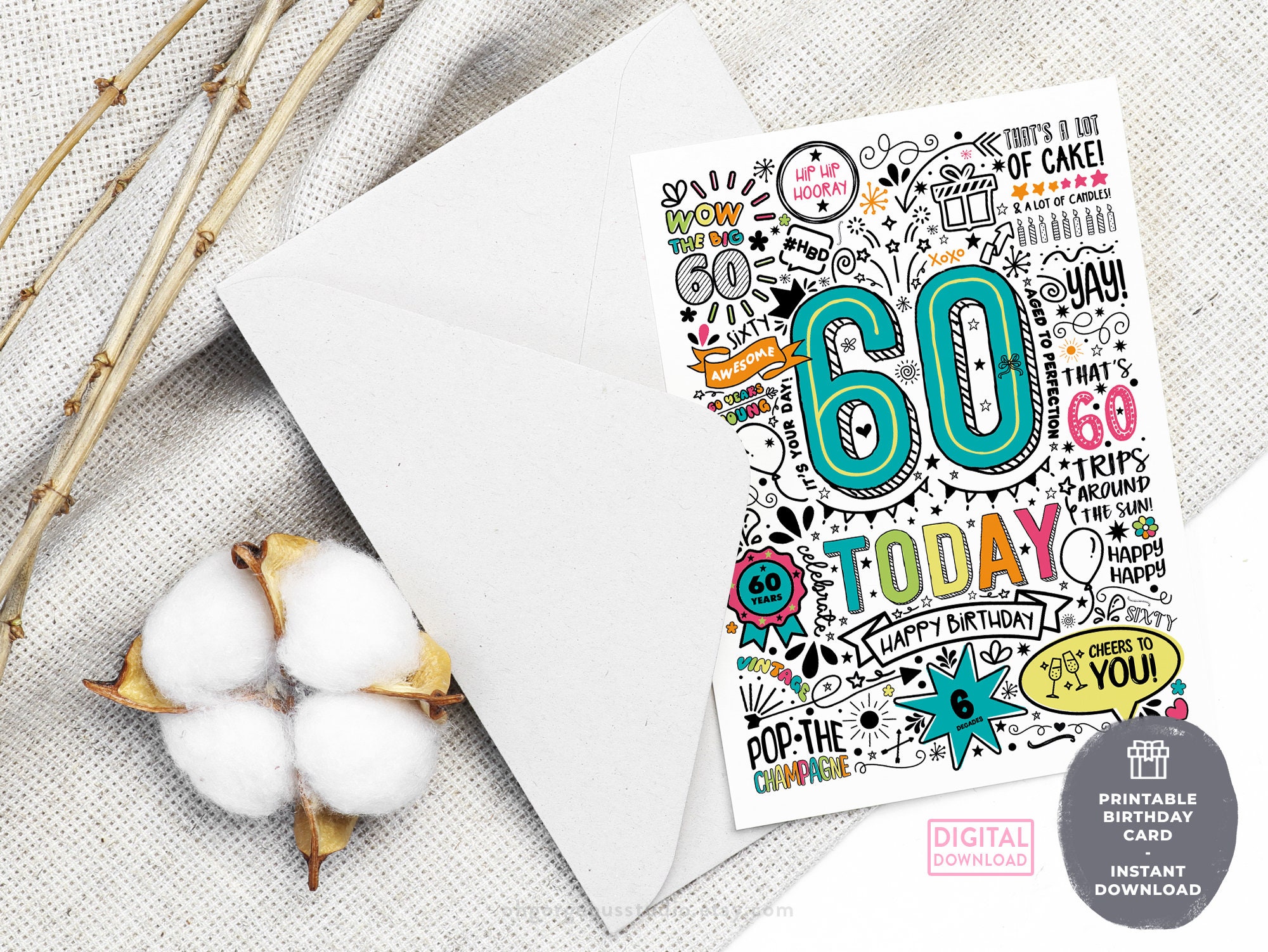 60th Printable Birthday Card 60 Today Birthday Downloadable - Etsy