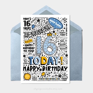 Biglietto stampabile per il 16° compleanno/Cartolina stampabile con download istantaneo per il 16° compleanno, Download digitale, Biglietto d'auguri stampabile in stile Doodle