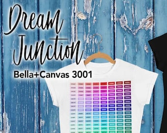 Dream Junction Printify Test Print with Hex Codes and Color Swatches, Color Samples on Bella+Canvas 3001
