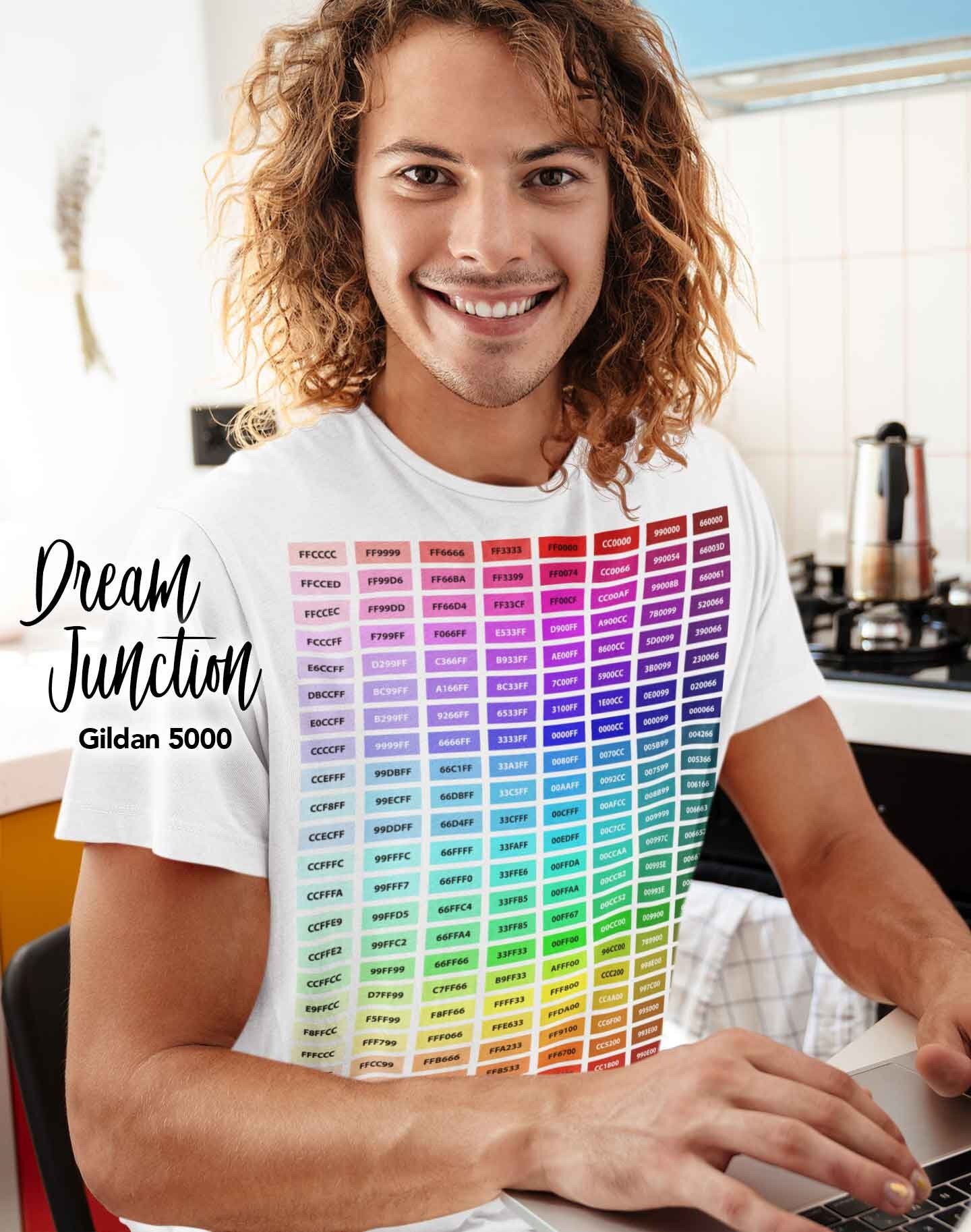 Dream Junction Printify Test Print with Hex Codes and Color Swatches, Color Samples on Gildan 5000 Heavy Cotton Tee