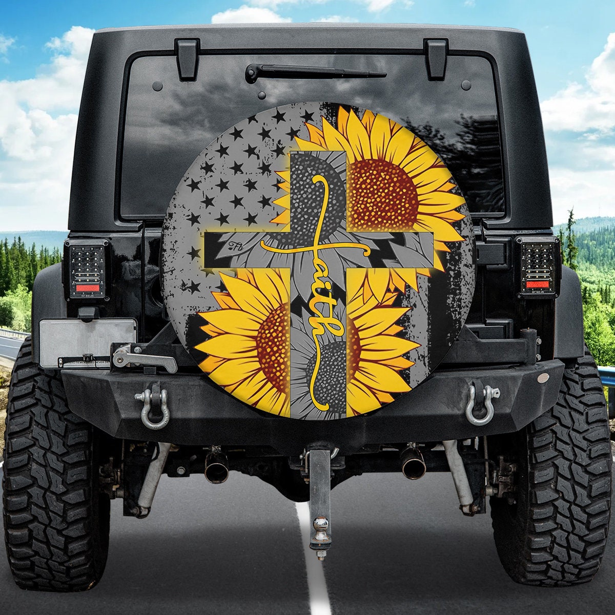 Christ Cross Faith Spare Tire Cover Cross Sunflower Tire Cover American Flag Tire Cover Patriot Gift