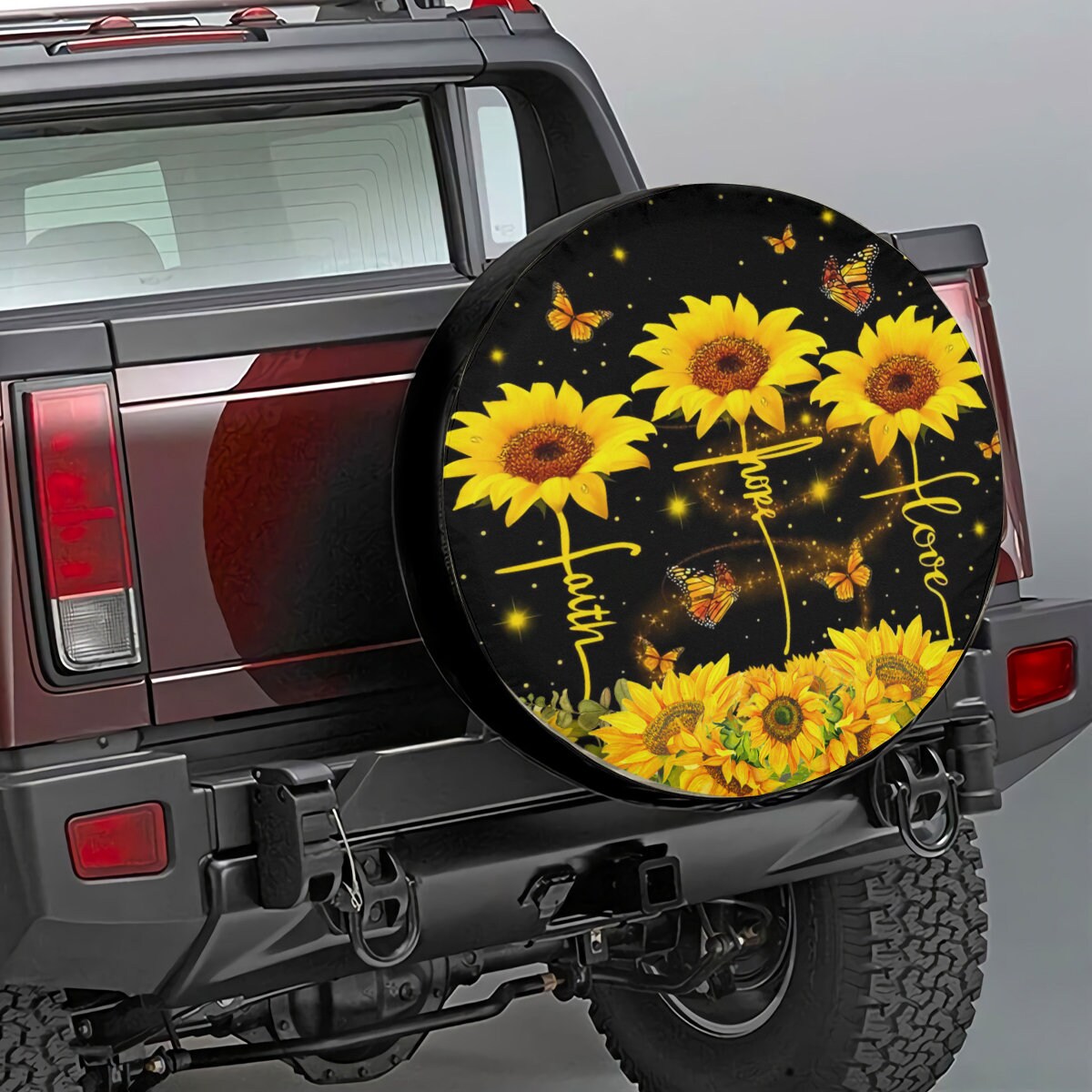 Sunflower Spare Tire Cover, Sunflower Butterfly Wheel Cover, Faith Hope  Love Tire Cover