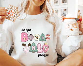 Santa, Libros solo por favor PNG solamente / navidad bookish png, libros de Navidad svg, vibraciones navideñas, bookmas png, amante de los libros png, lectura png