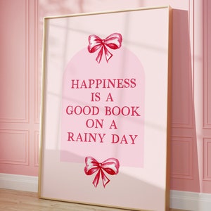 La felicidad es un buen libro arte impresión / preppy coqueta pared decoración bookish rosa + rojo amante del libro lector de arco arte impresión lectura apartamento cartel