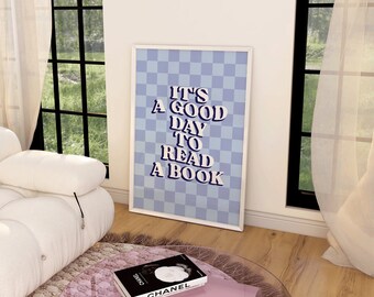 Blue Checkered Trendy Bookish Art Print | Preppy Printable Wall Decor | Book lover Bedroom Wall Art | Reader Art Print | Bookish Poster