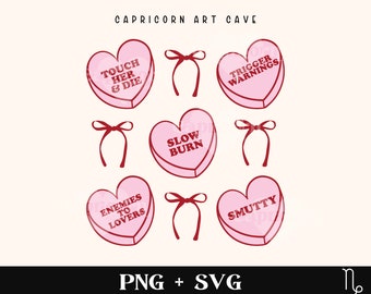 Tropes romansów książkowych SVG i PNG | bookish svg, kokietka miłośniczka książek svg, cukierkowe serce svg, powolne spalanie, wrogowie kochankami, sprośny czytelnik svg