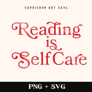 Puede incluir: Texto rojo sobre fondo blanco que dice "Leer es cuidarse". El texto est&aacute; en una fuente decorativa. La imagen tambi&eacute;n incluye el texto "Capricorn Art Cave" y "PNG + SVG" en texto negro.