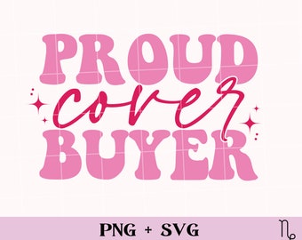 Op de afbeelding: Roze en rood grafisch ontwerp met de tekst "Proud cover buyer" met glinsterende sterren aan beide kanten.