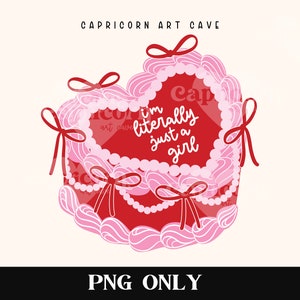 May include: Red heart-shaped cake with pink frosting and white pearls. The cake has a pink bow on each side and the text "I'm literally just a girl" in white.