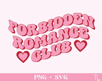 May include: Pink and red graphic design with the text "Forbidden Romance Club" in a retro font style. Two pink hearts are included in the design.