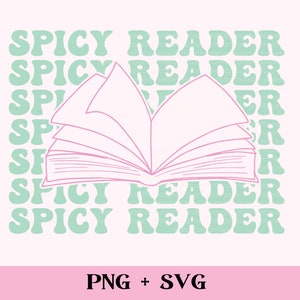 May include: A light pink graphic with the words "SPICY READER" in a repeating pattern in a retro font. A line drawing of an open book with pink outlines is in the center. Below the book are the words "PNG + SVG".