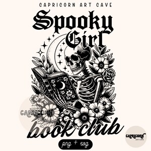 Spooky girl book club PNG + SVG | Bookish halloween svg, skeleton Reader halloween svg, spooky reader, book lover svg, booktrovert svg