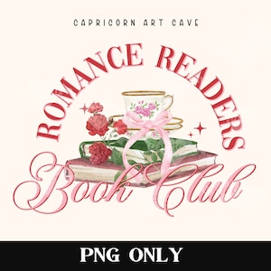 May include: A pink and red logo for a Romance Readers Book Club. The logo features a teacup and saucer, a stack of books, and a pink ribbon. The text "Romance Readers Book Club" is written in a pink and red script font.