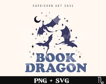 May include: A blue and white graphic design featuring three dragons flying in a circle around the text "BOOK DRAGON" with stars and a crescent moon in the background. The text "PNG + SVG" and the astrological symbol for Capricorn are at the bottom of the design.