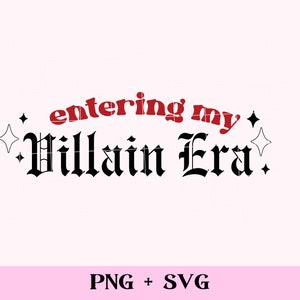 Op de afbeelding: Zwarte en rode tekstgrafiek met de woorden "entering my Villain Era!" met twee kleine sterren aan weerszijden van de tekst.